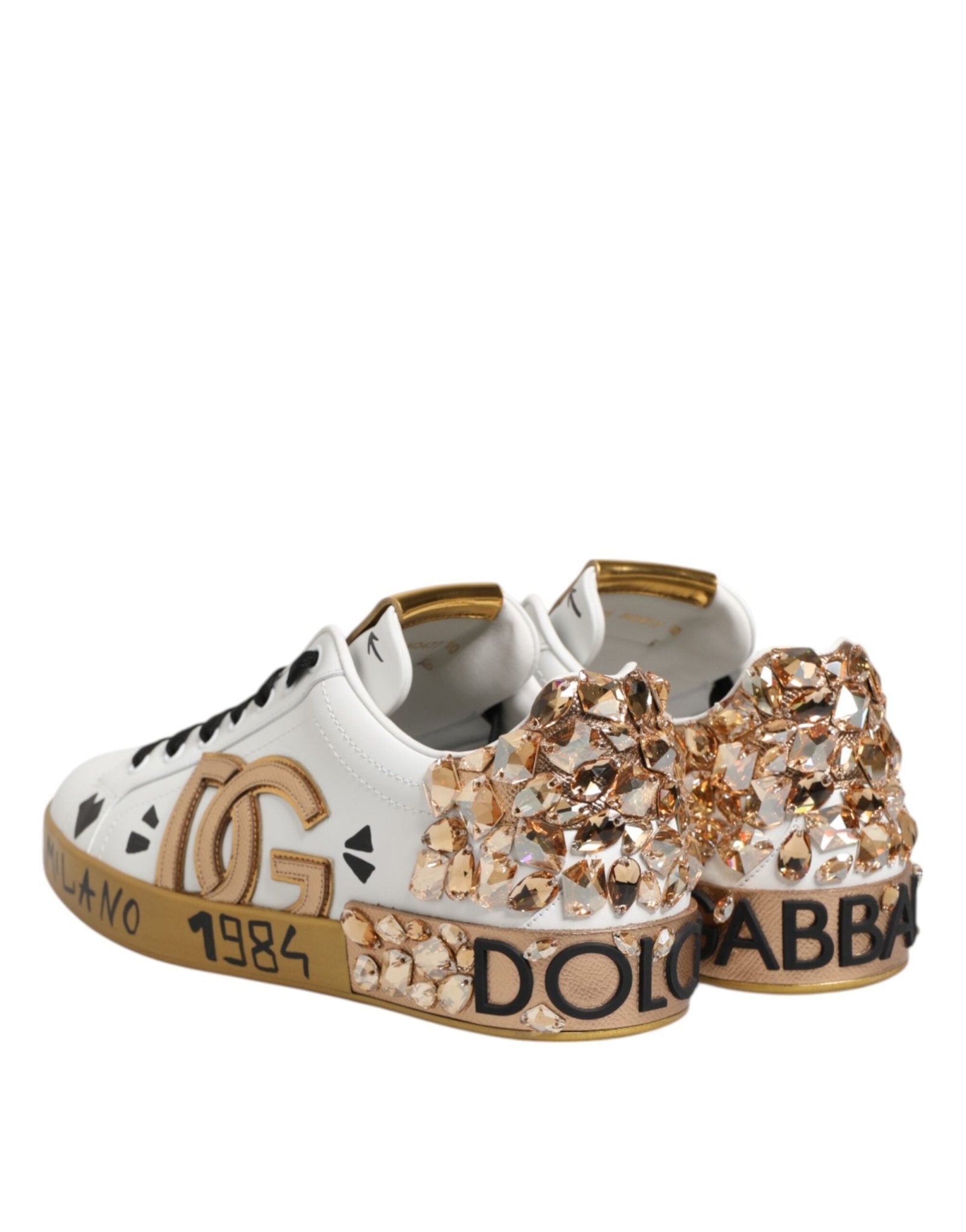 Dolce & Gabbana White Gold Crystal Portofino Sneakers Shoes - GET THE BRAND