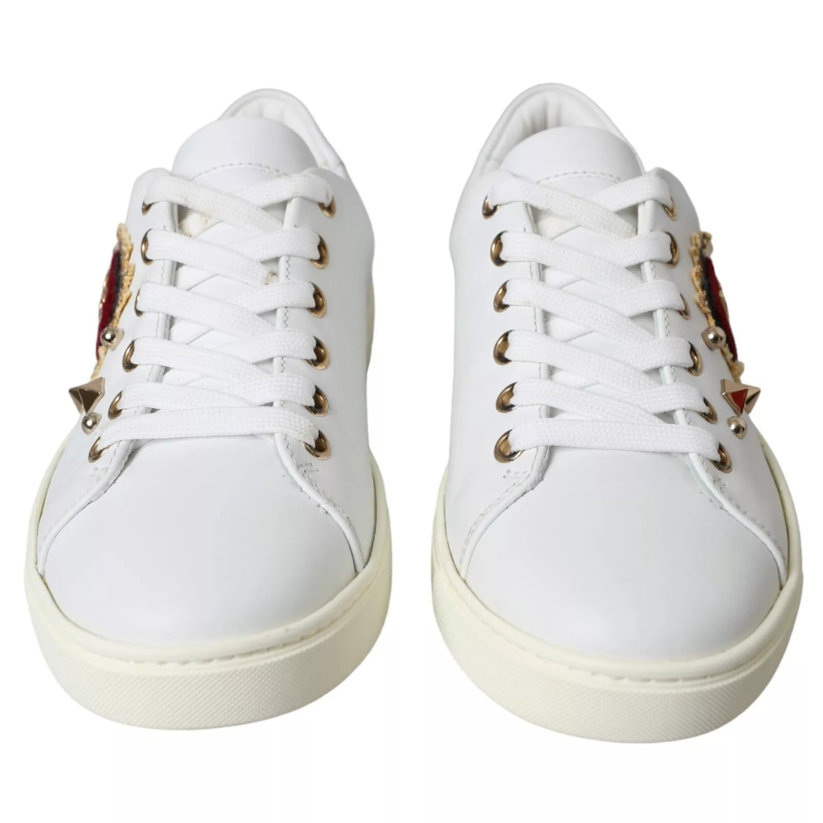 Dolce & Gabbana White Leather Gold Red Heart Sneakers Shoes - GET THE BRAND