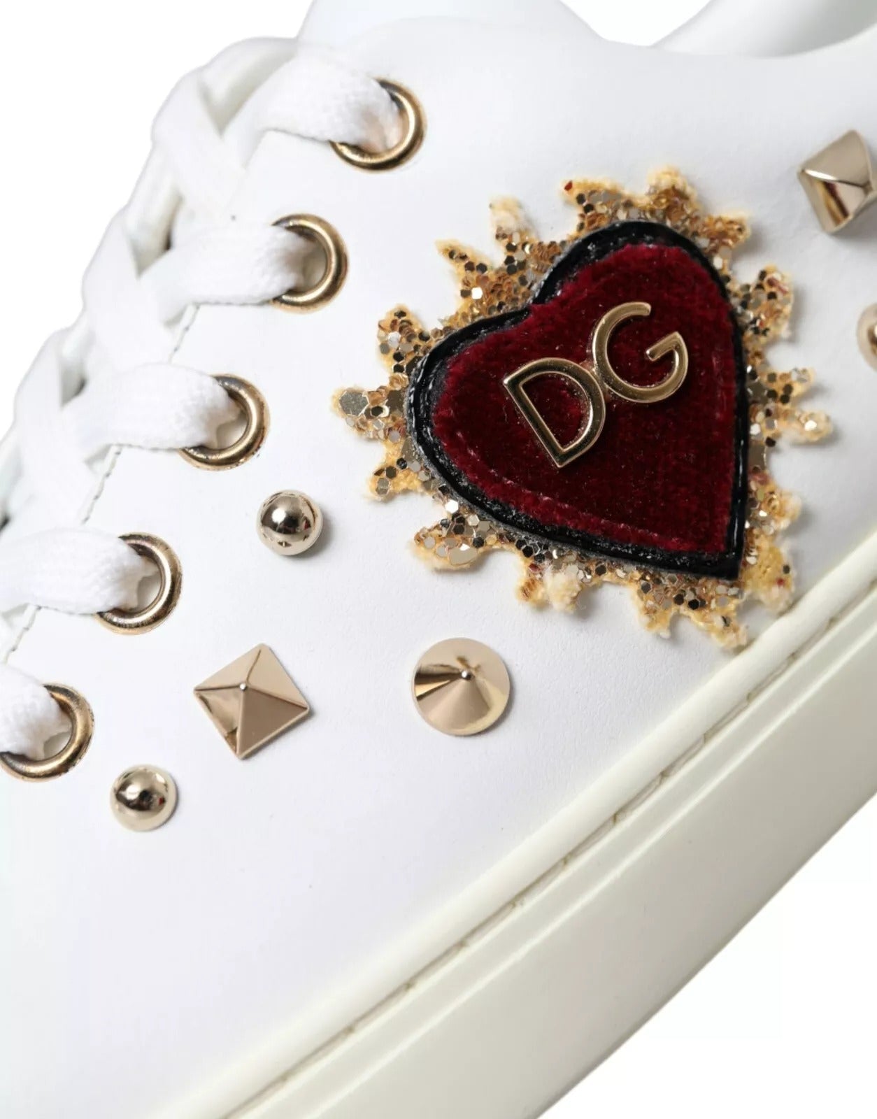 Dolce & Gabbana White Leather Gold Red Heart Sneakers Shoes - GET THE BRAND