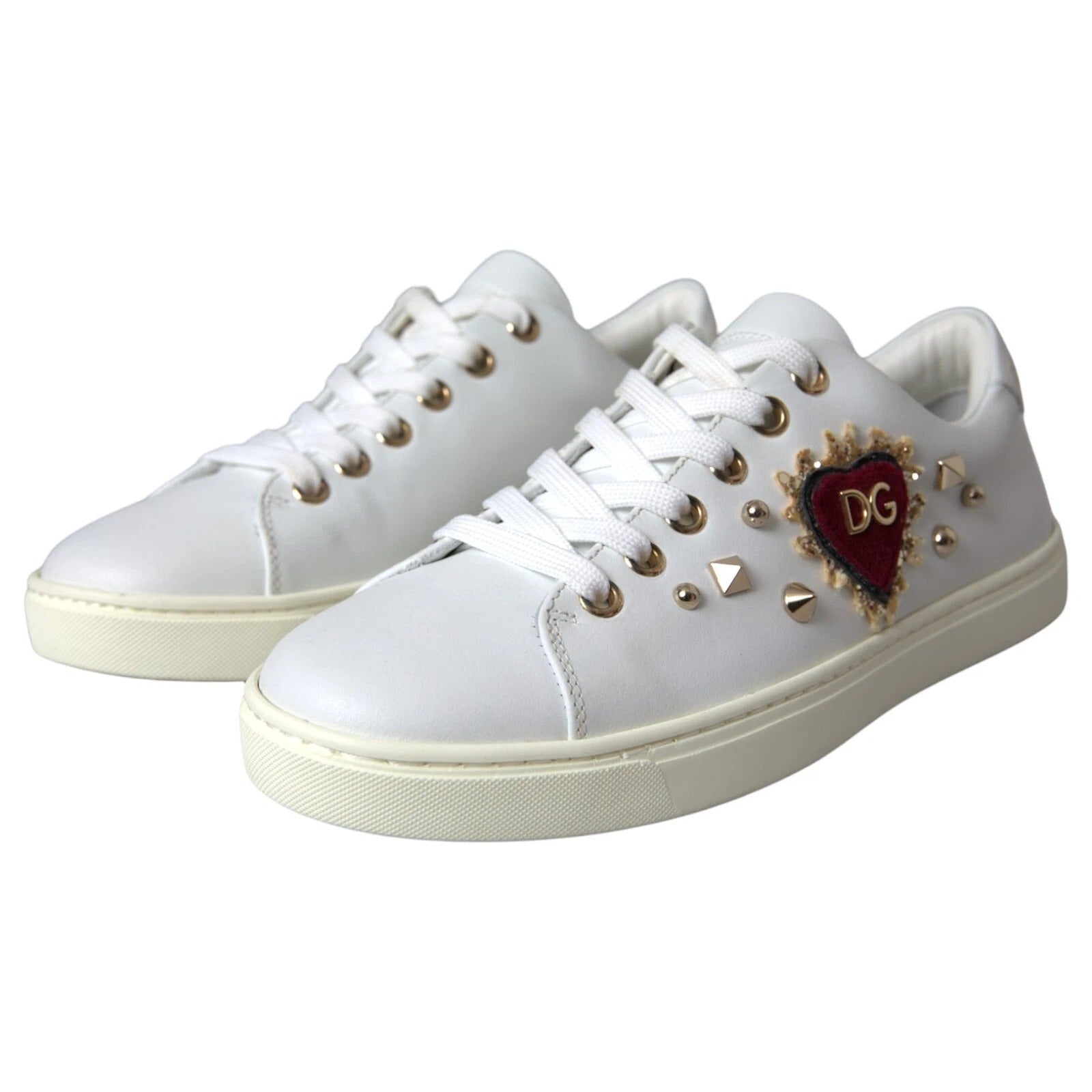 Dolce & Gabbana White Leather Gold Red Heart Sneakers Shoes - GET THE BRAND