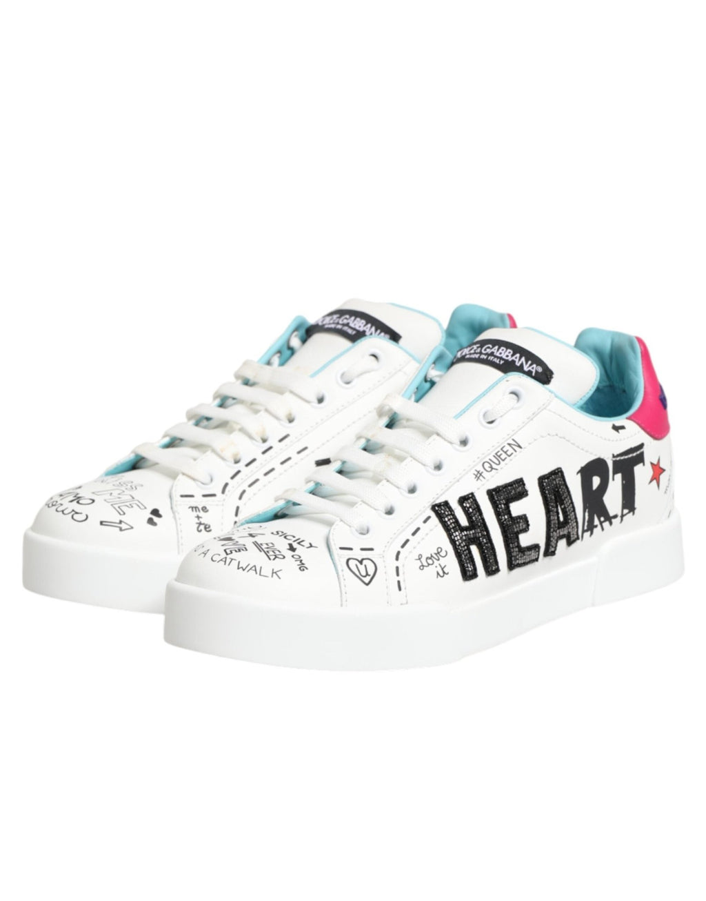 Dolce & Gabbana White Leather Graffiti Low Top Sneakers Shoes - GET THE BRAND