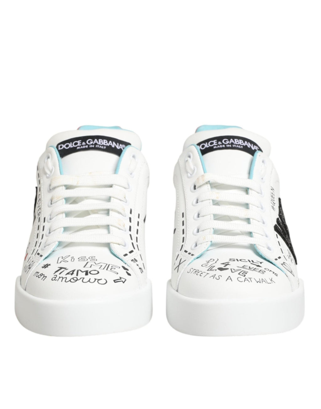 Dolce & Gabbana White Leather Graffiti Low Top Sneakers Shoes - GET THE BRAND