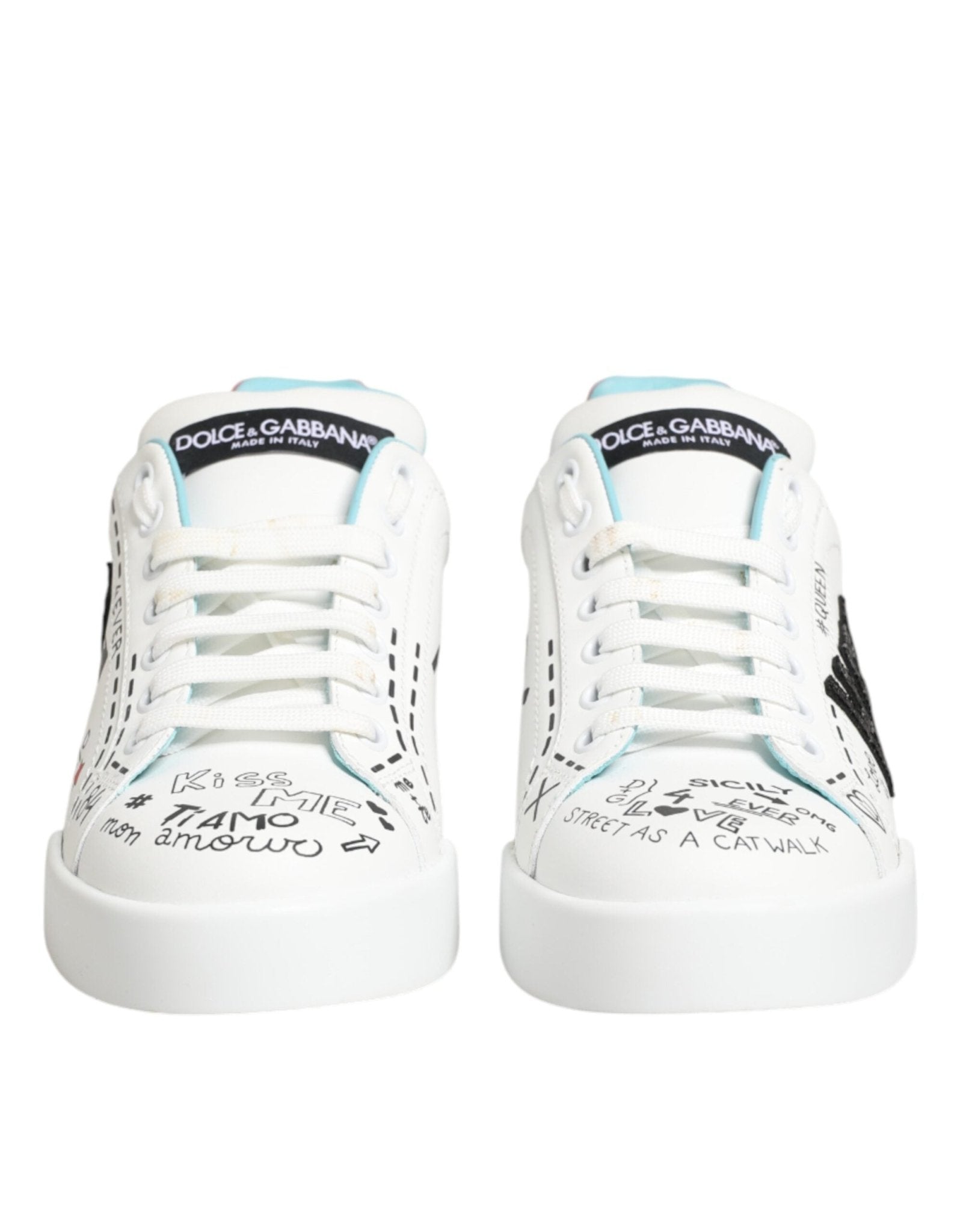 Dolce & Gabbana White Leather Graffiti Low Top Sneakers Shoes - GET THE BRAND