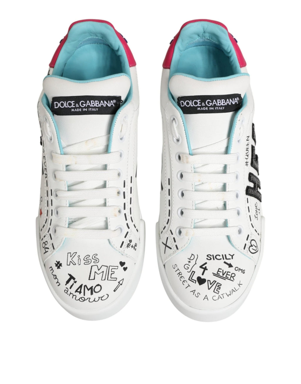 Dolce & Gabbana White Leather Graffiti Low Top Sneakers Shoes - GET THE BRAND