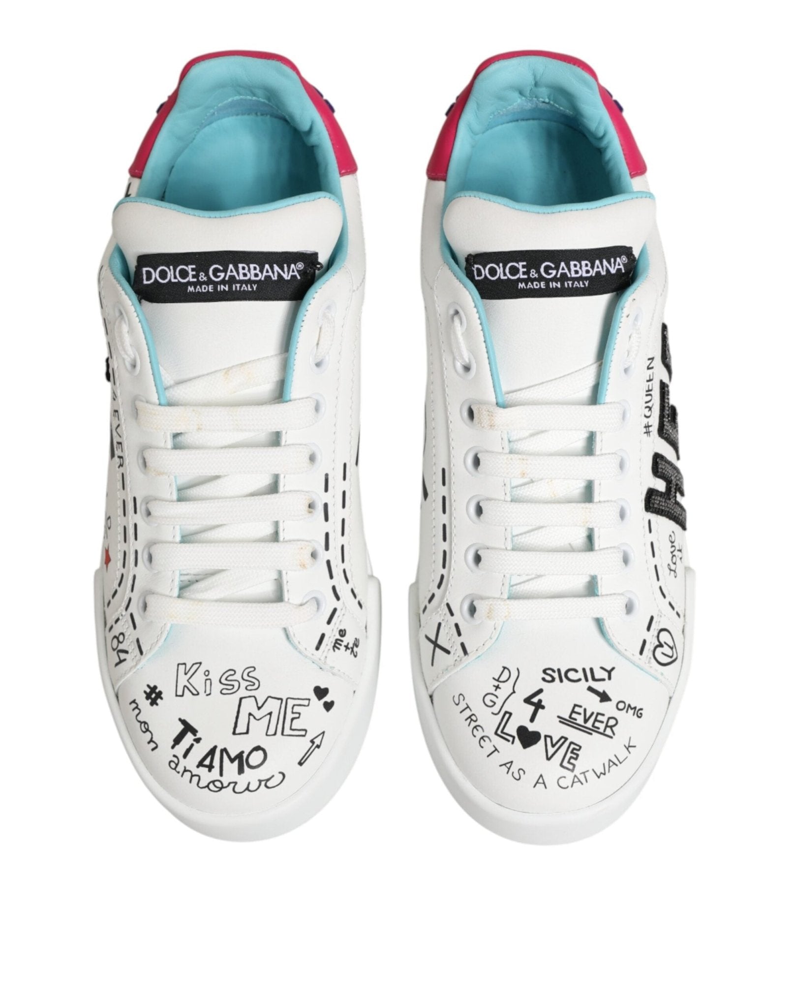 Dolce & Gabbana White Leather Graffiti Low Top Sneakers Shoes - GET THE BRAND
