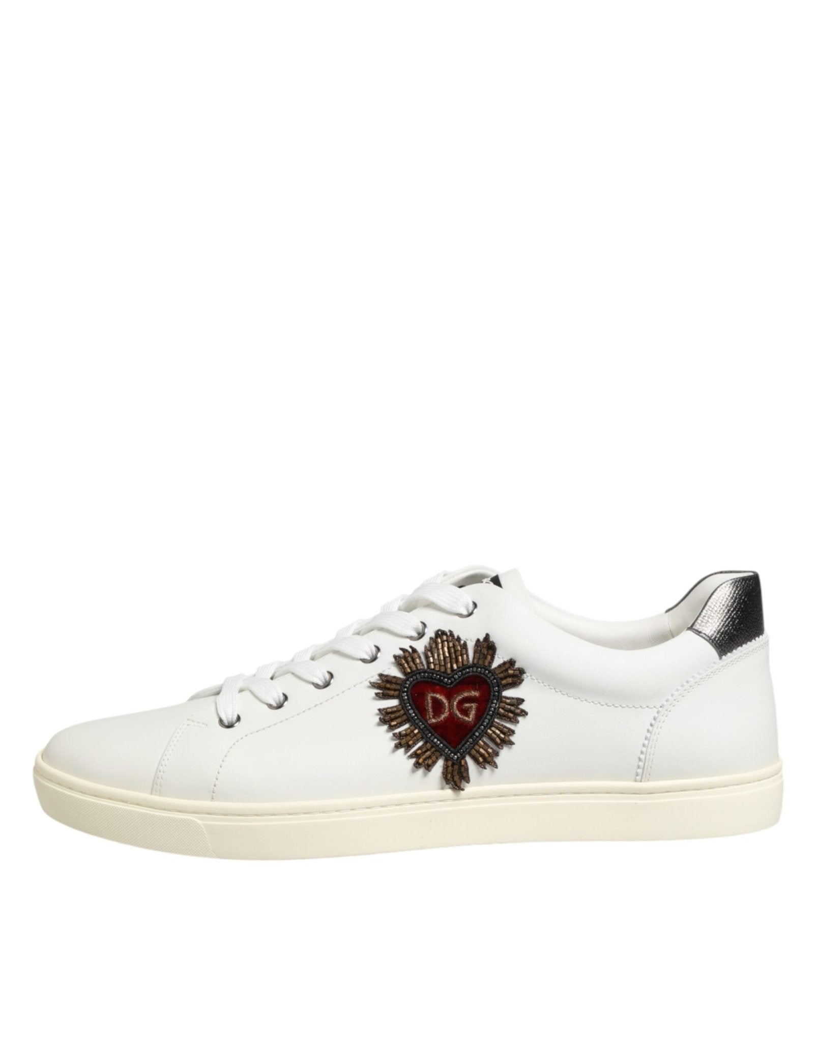 Dolce & Gabbana White Leather Heart Embellished Sneakers Shoes - GET THE BRAND