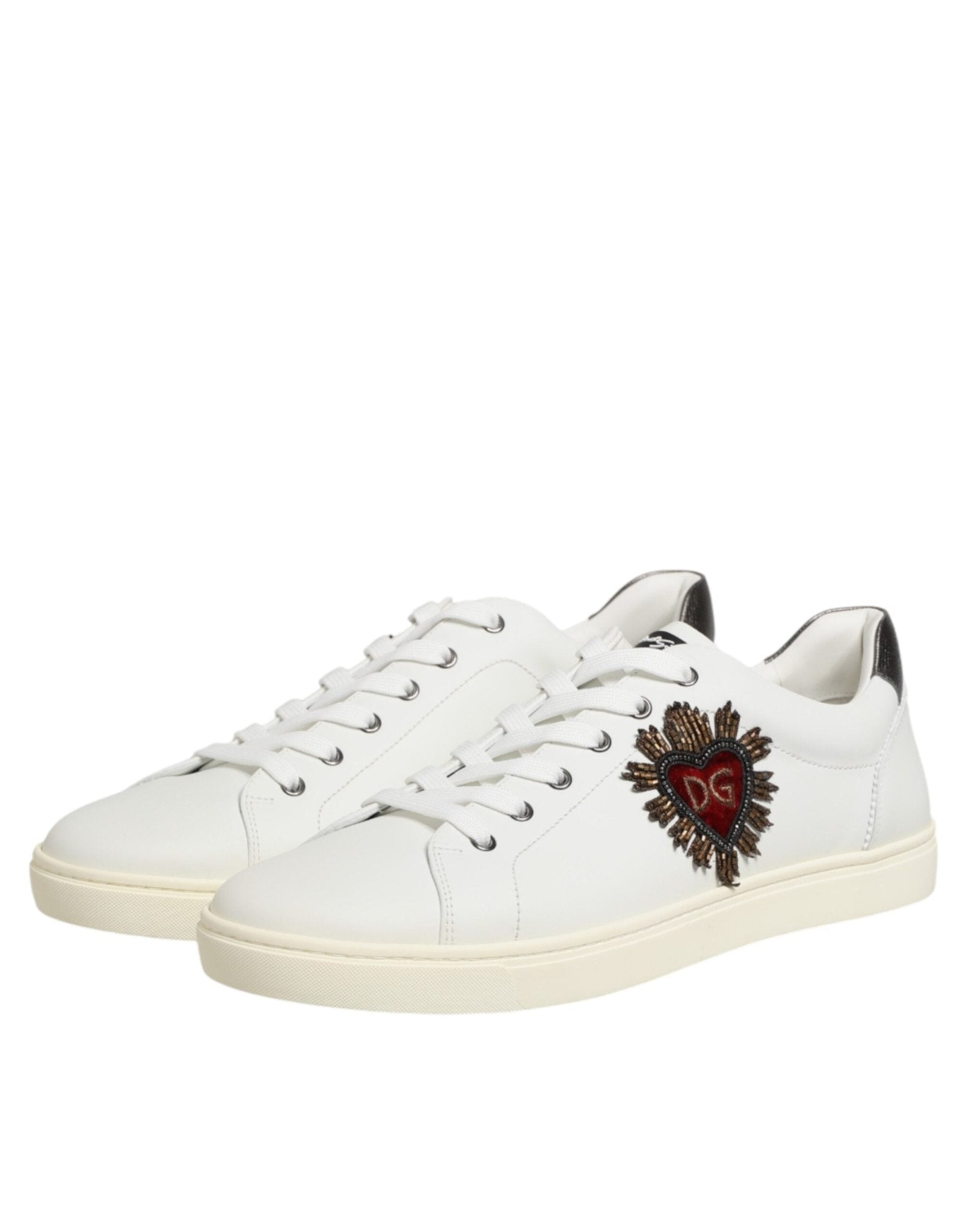 Dolce & Gabbana White Leather Heart Embellished Sneakers Shoes - GET THE BRAND