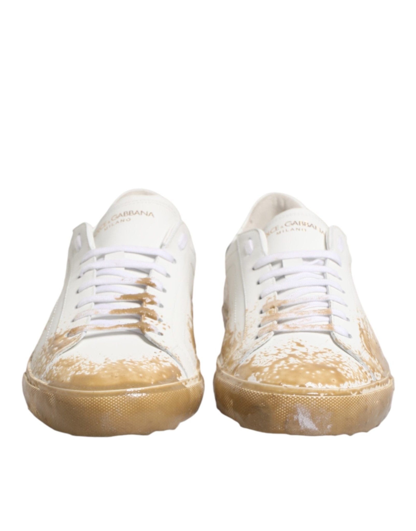 Dolce & Gabbana White Leather Paint Effect Low Top Sneakers Shoes - GET THE BRAND