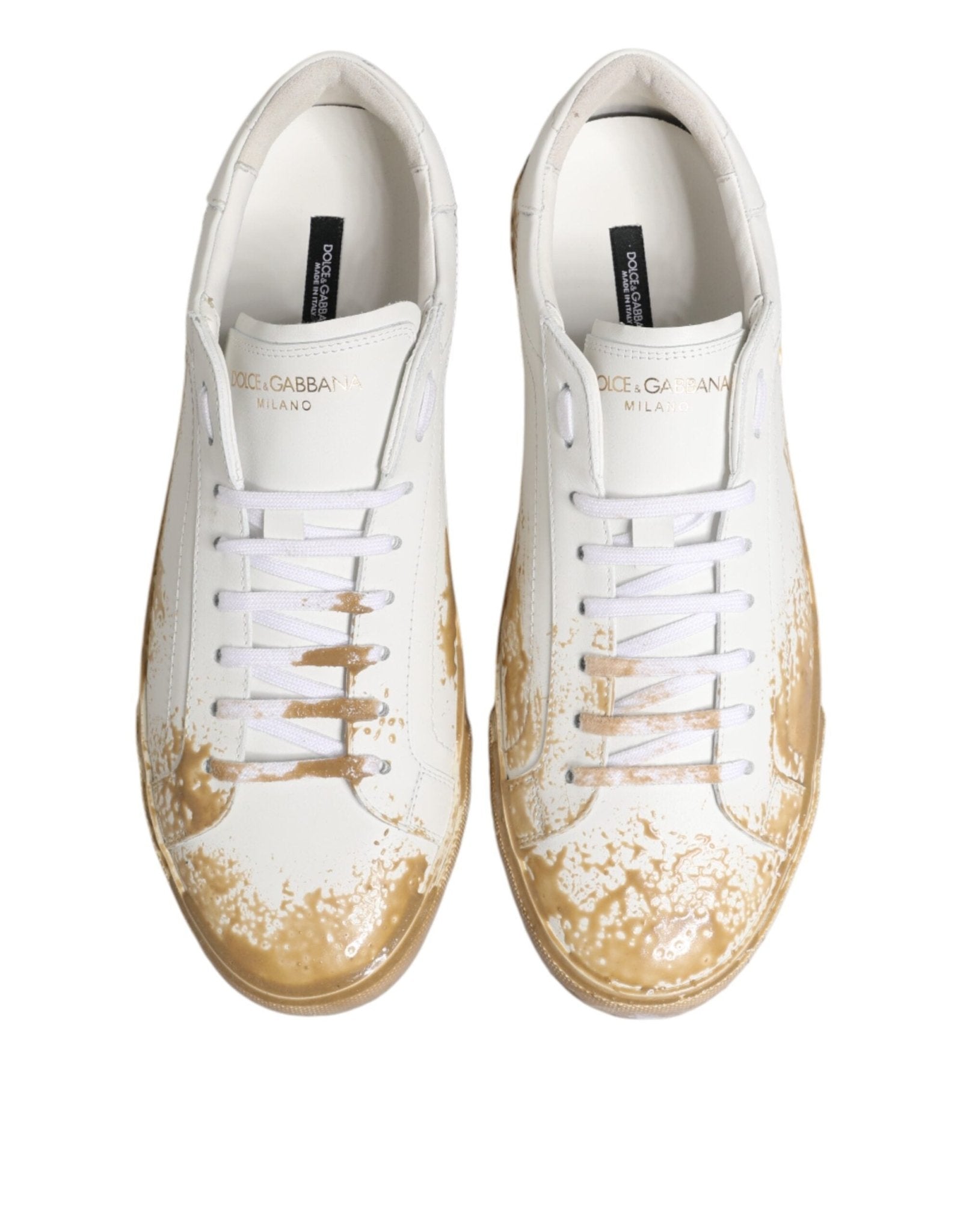 Dolce & Gabbana White Leather Paint Effect Low Top Sneakers Shoes - GET THE BRAND