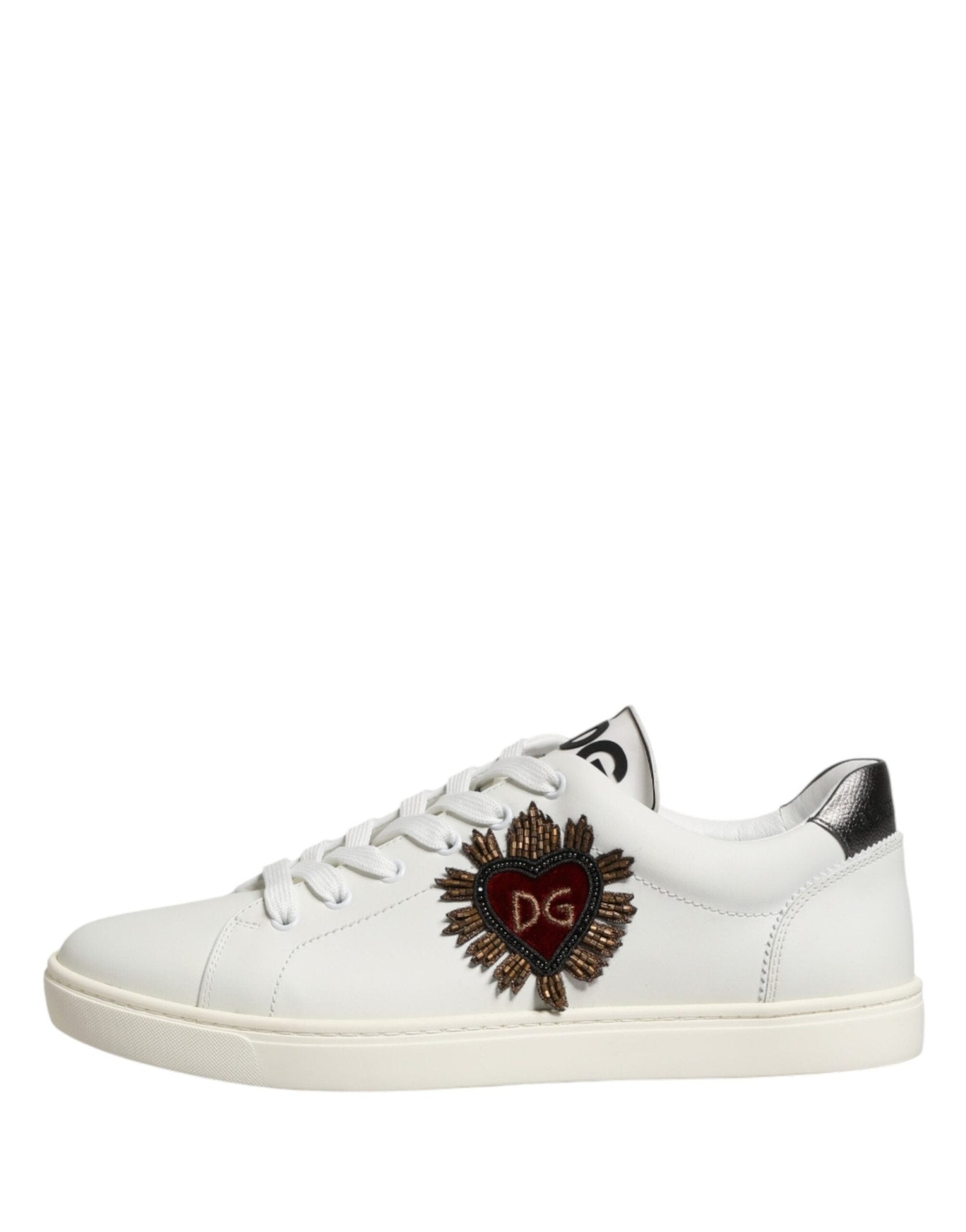 Dolce & Gabbana White Leather Sacred Heart Patch Sneakers Shoes - GET THE BRAND