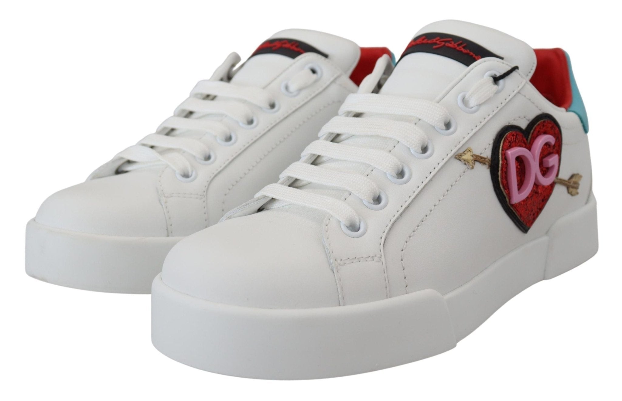 Dolce & Gabbana White Leather Sneaker Portofino Logo Heart Shoes - GET THE BRAND