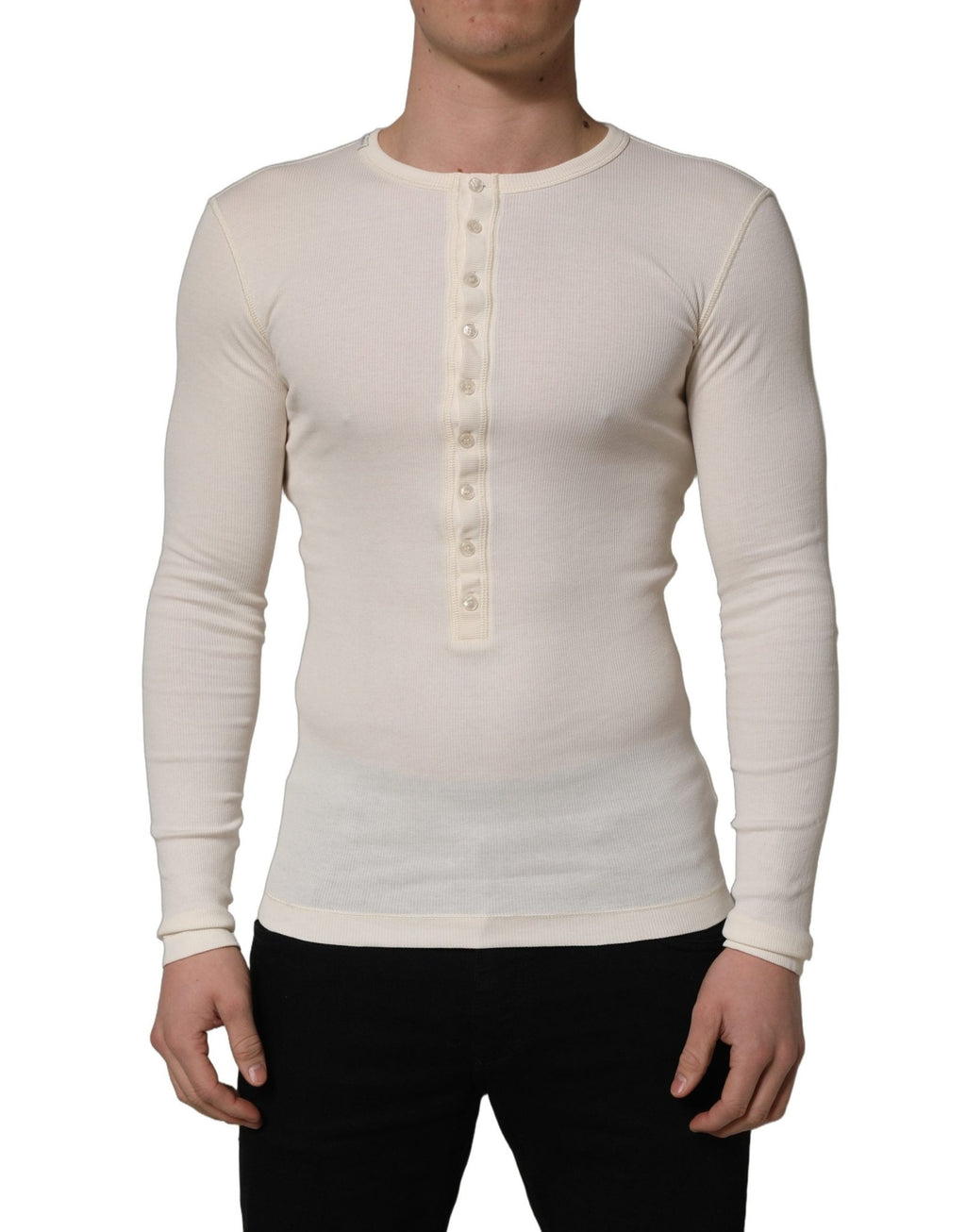 Dolce & Gabbana White Long Sleeves Henley Pullover Sweater - GET THE BRAND