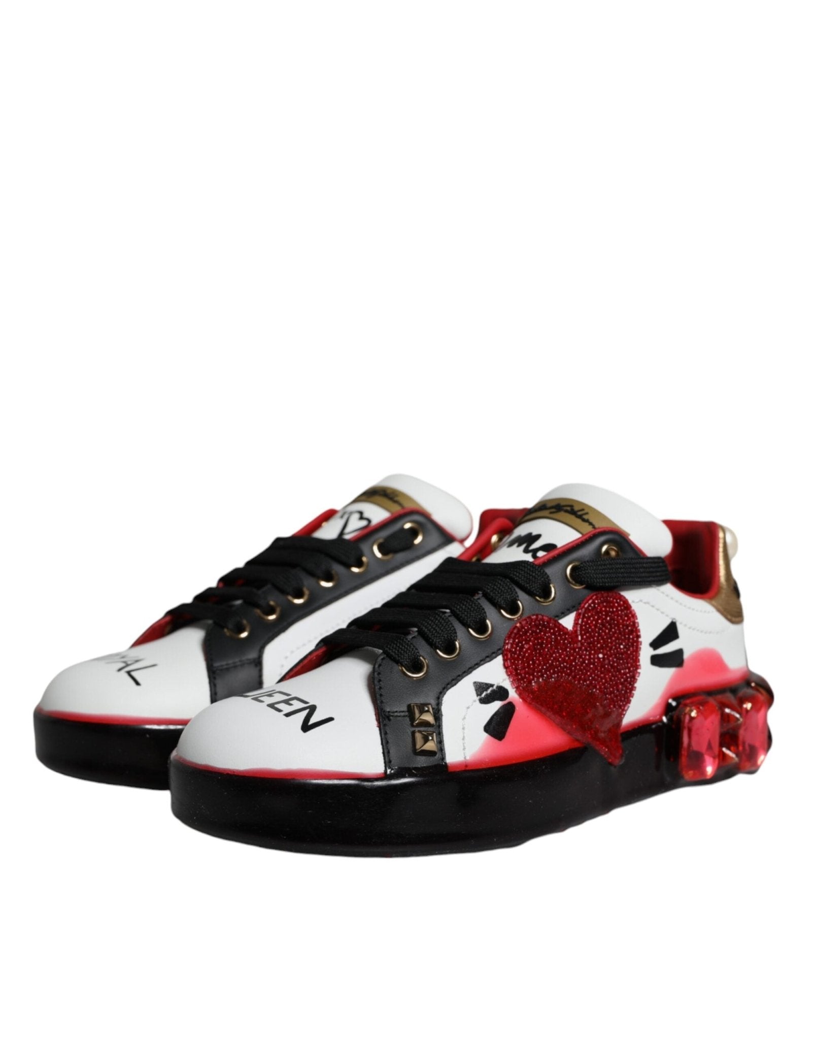 Dolce & Gabbana White Red Crystals Leather Portofino Sneakers Shoes - GET THE BRAND