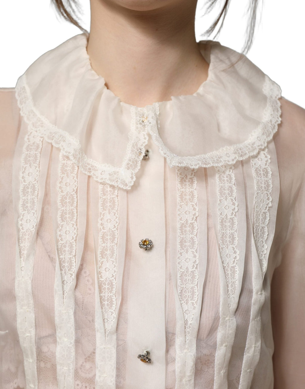 Dolce & Gabbana White Ruffled Sheer Silk Buttoned Blouse Top - GET THE BRAND