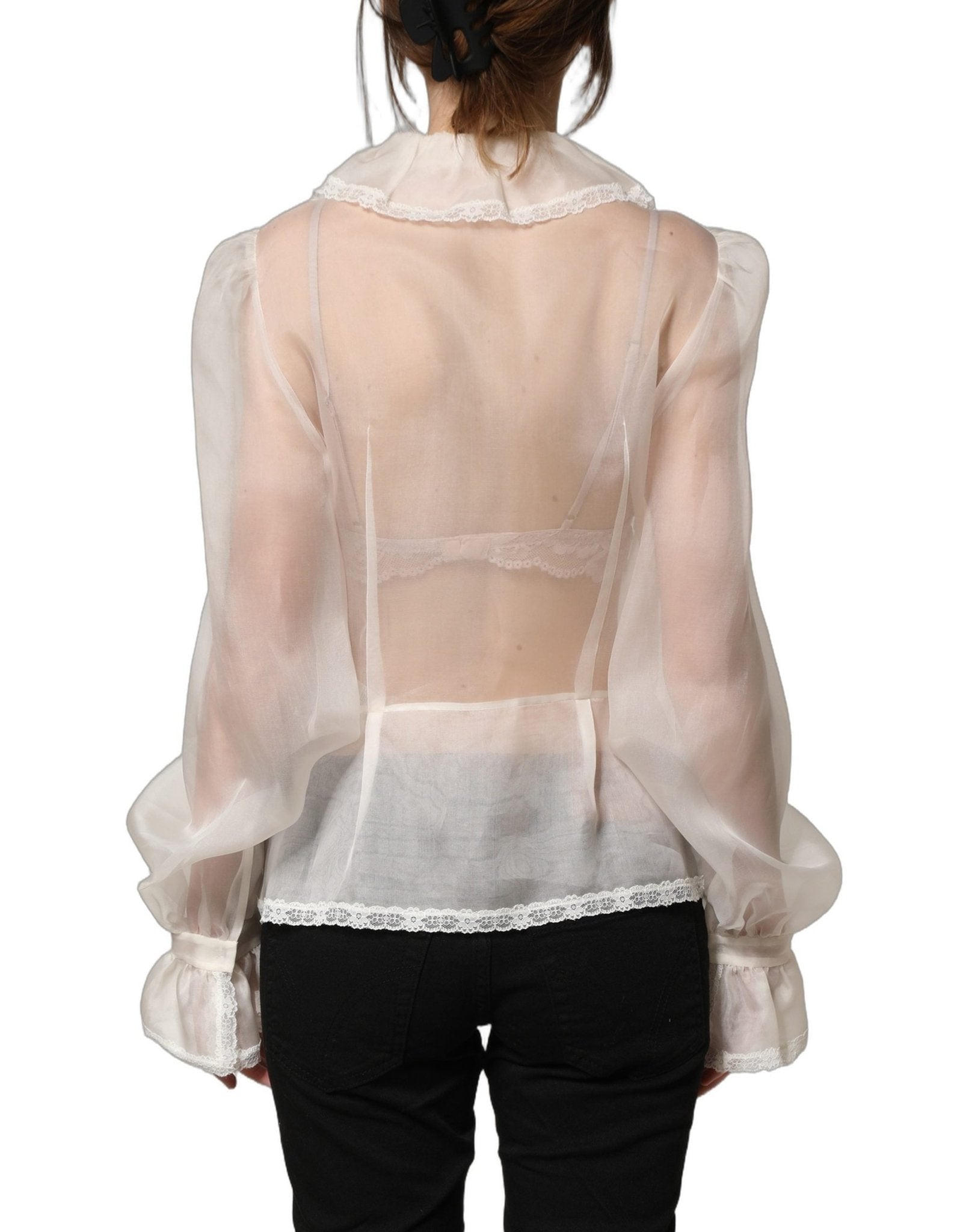 Dolce & Gabbana White Ruffled Sheer Silk Buttoned Blouse Top - GET THE BRAND