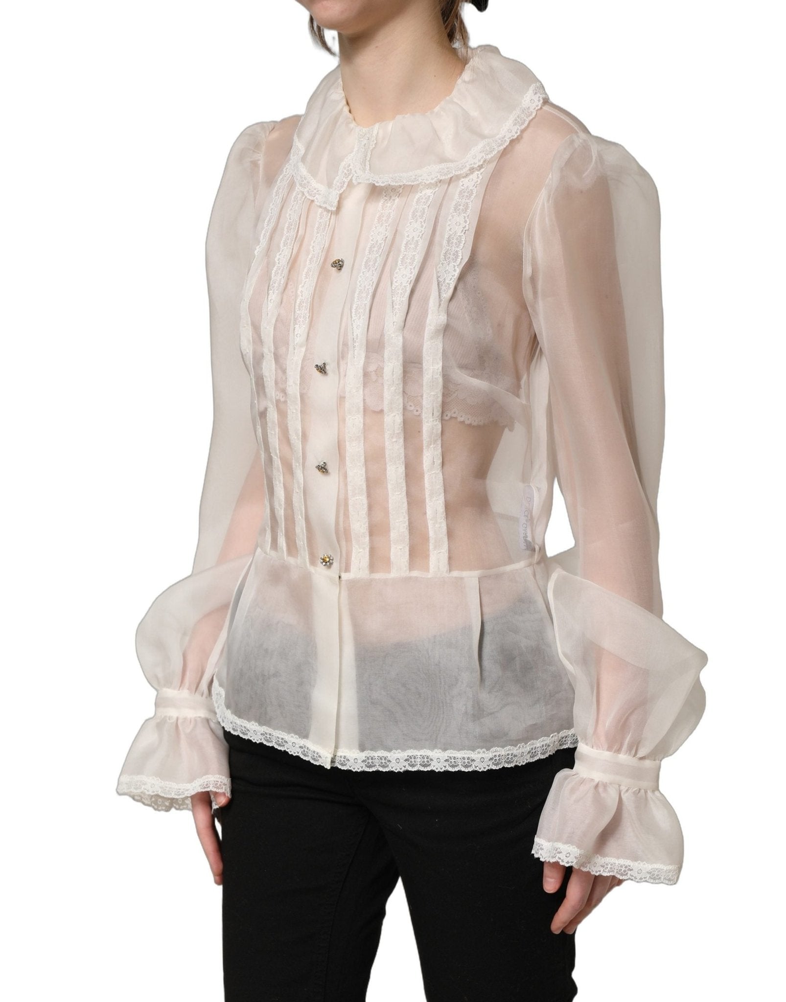 Dolce & Gabbana White Ruffled Sheer Silk Buttoned Blouse Top - GET THE BRAND
