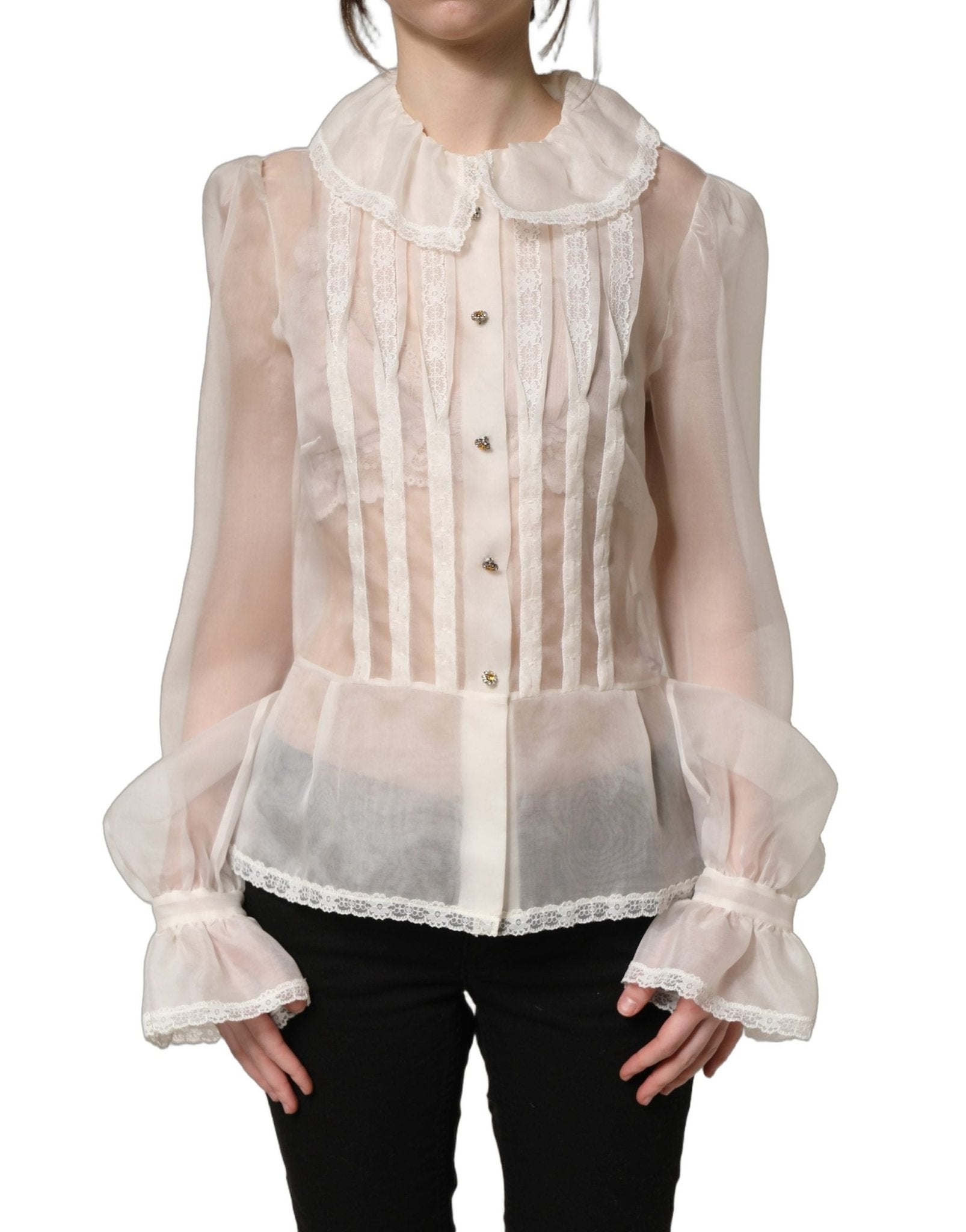 Dolce & Gabbana White Ruffled Sheer Silk Buttoned Blouse Top - GET THE BRAND