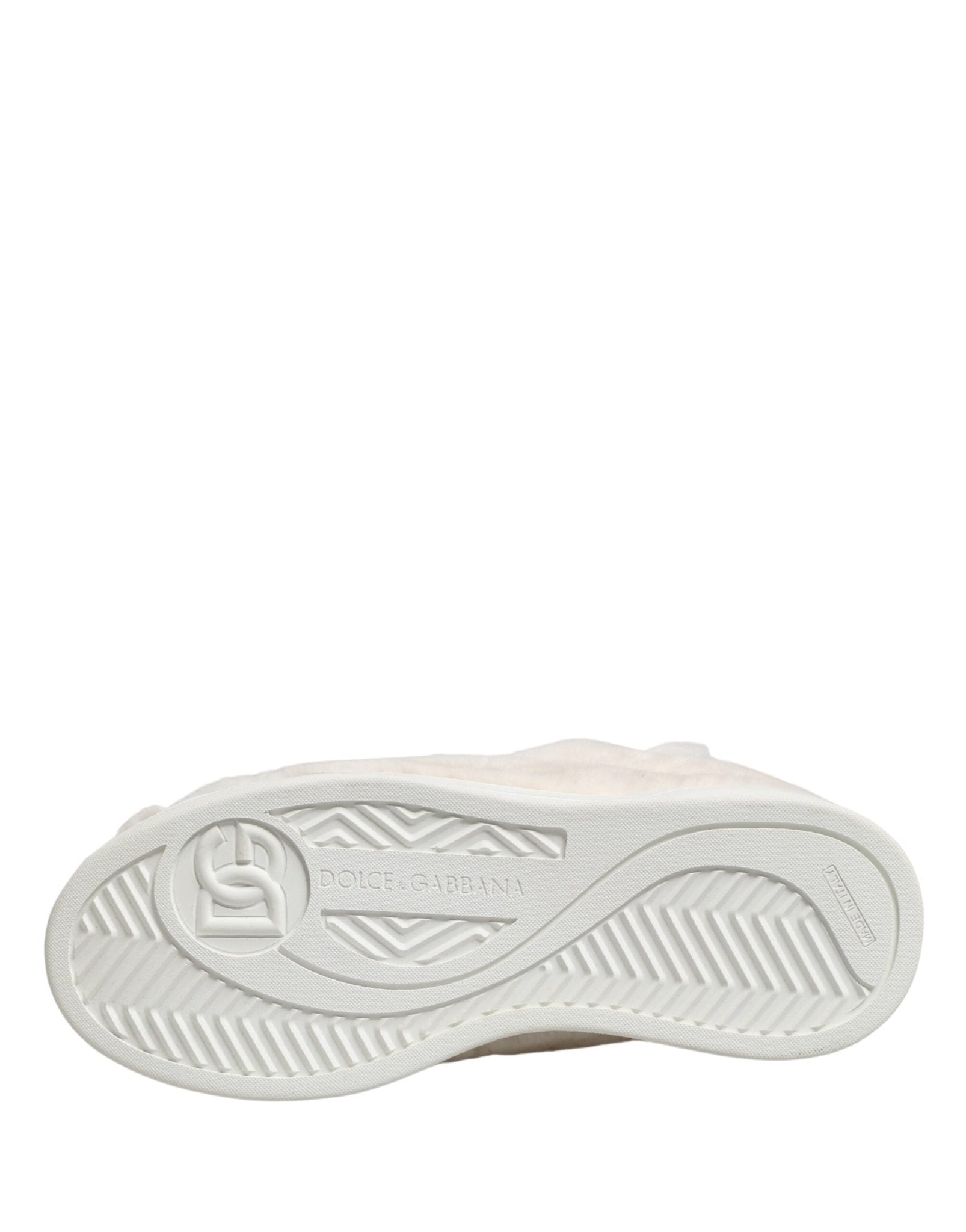 Dolce & Gabbana White Shearling Fur Bianco Low Top Sneakers Shoes - GET THE BRAND