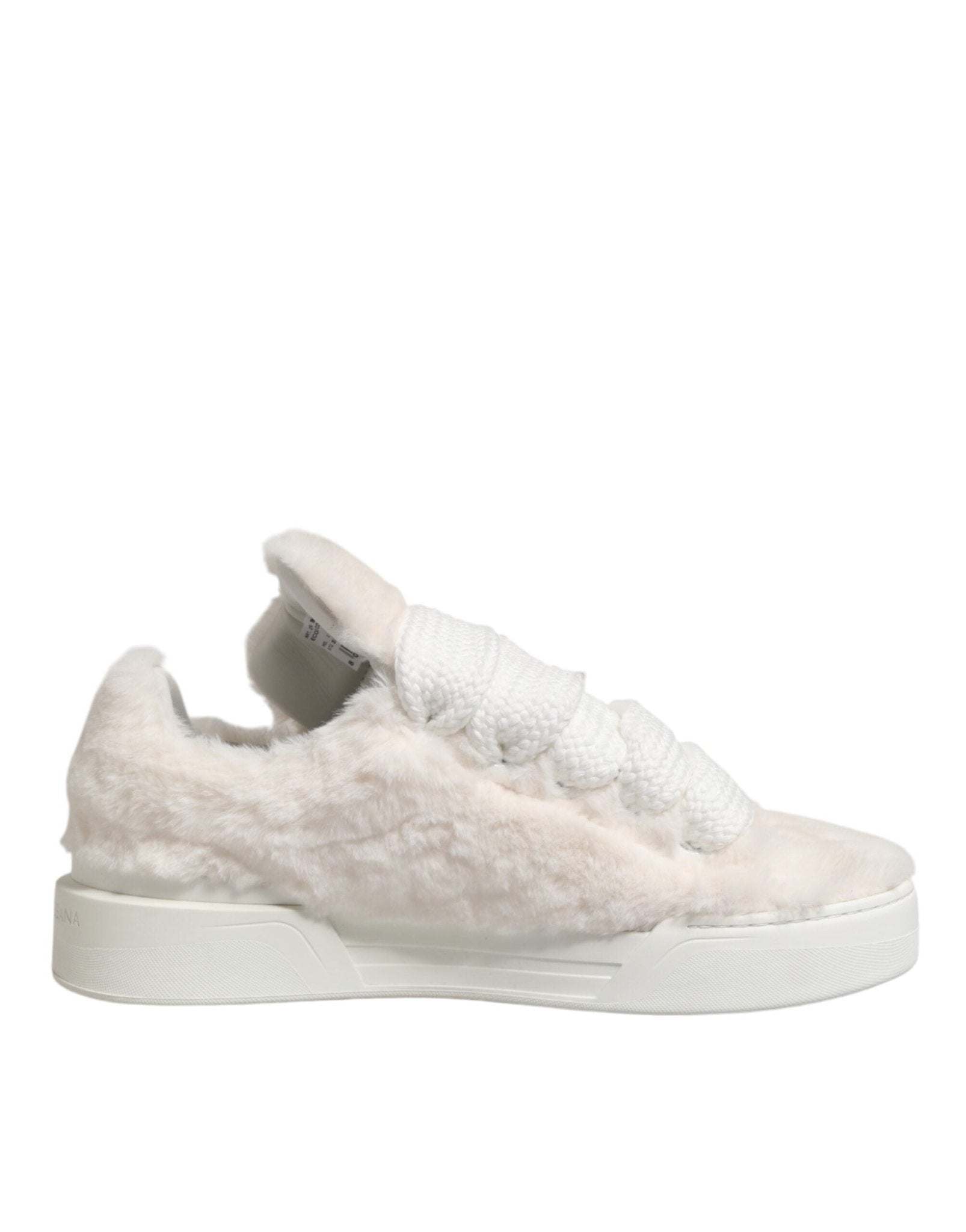 Dolce & Gabbana White Shearling Fur Bianco Low Top Sneakers Shoes - GET THE BRAND
