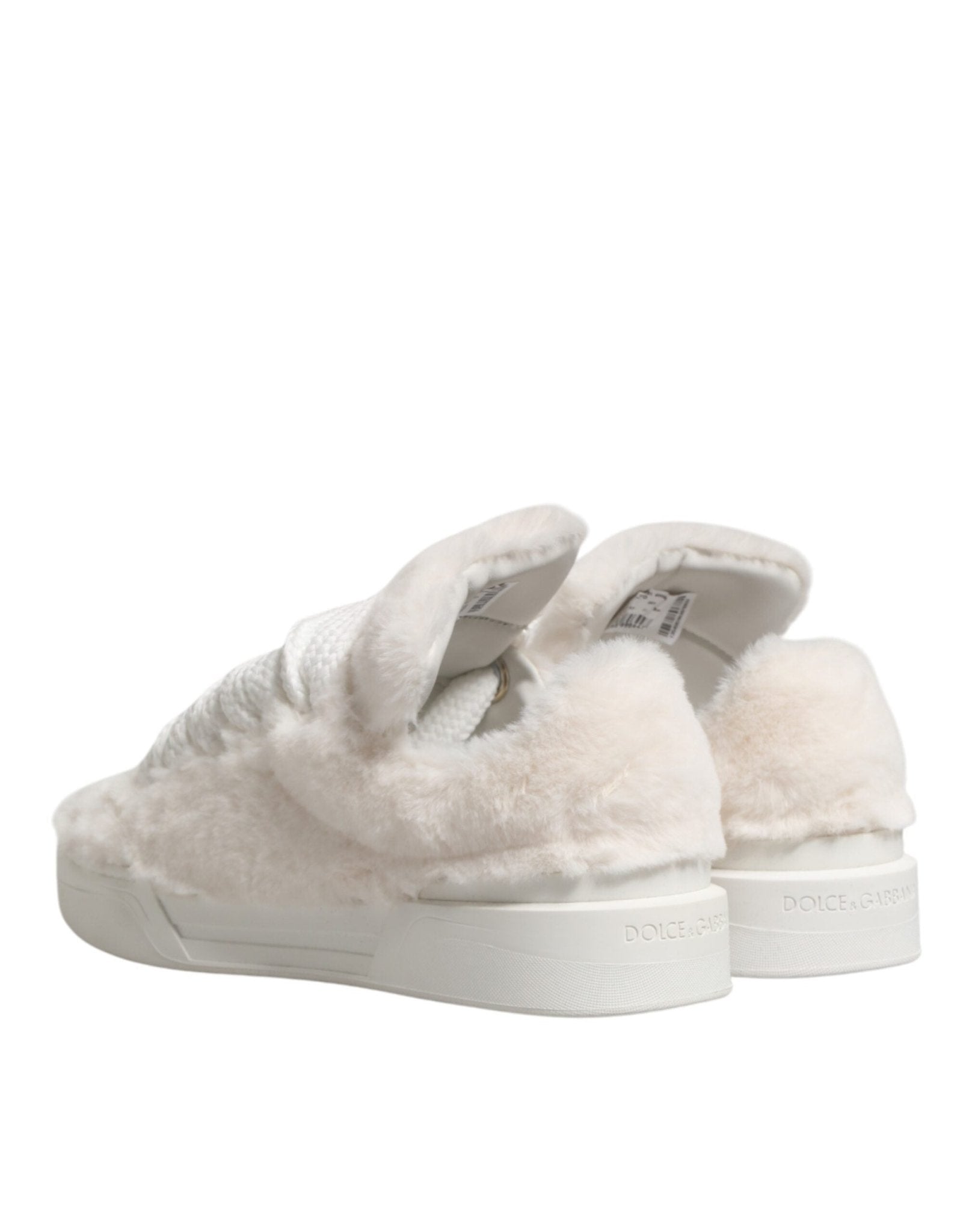 Dolce & Gabbana White Shearling Fur Bianco Low Top Sneakers Shoes - GET THE BRAND