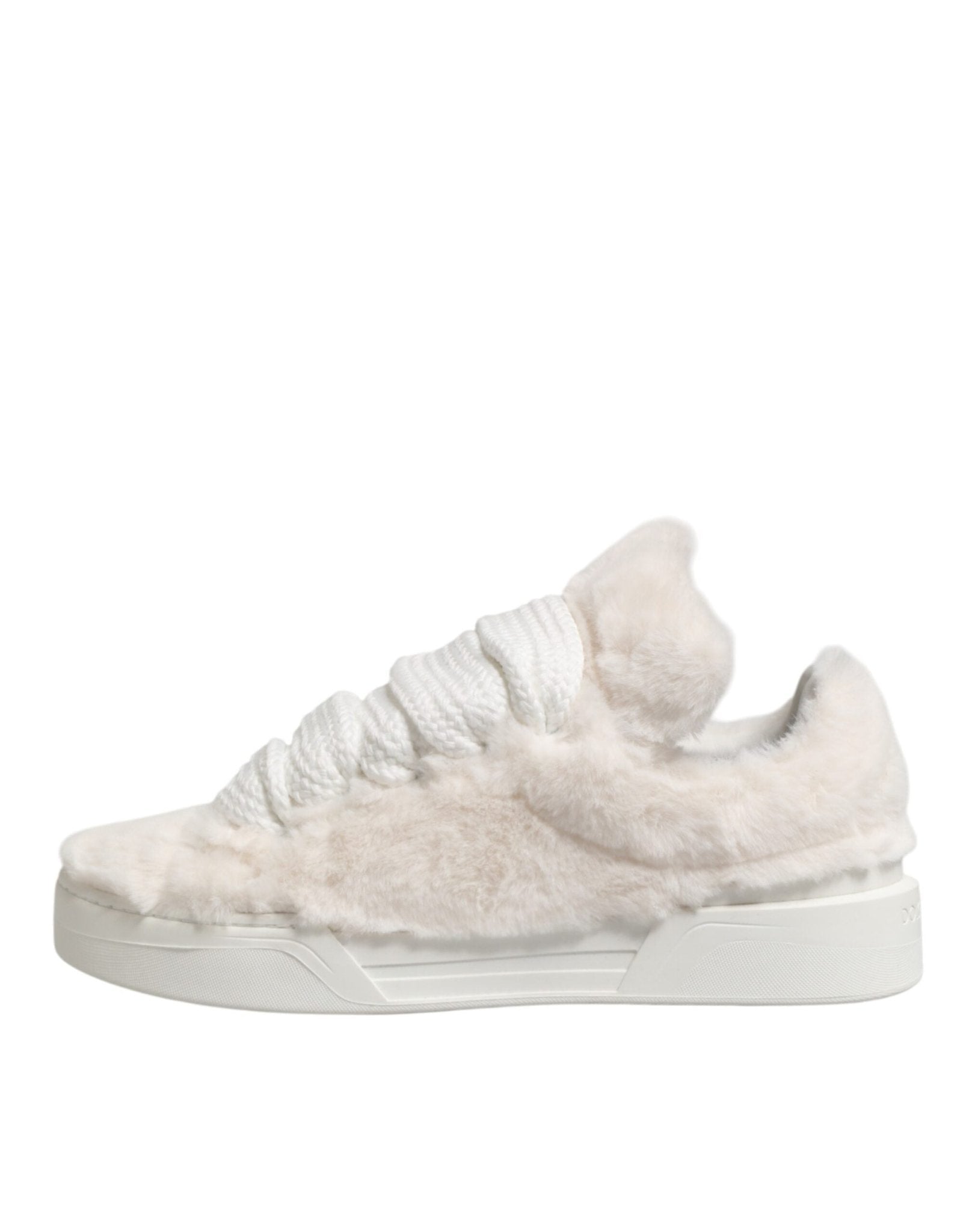 Dolce & Gabbana White Shearling Fur Bianco Low Top Sneakers Shoes - GET THE BRAND