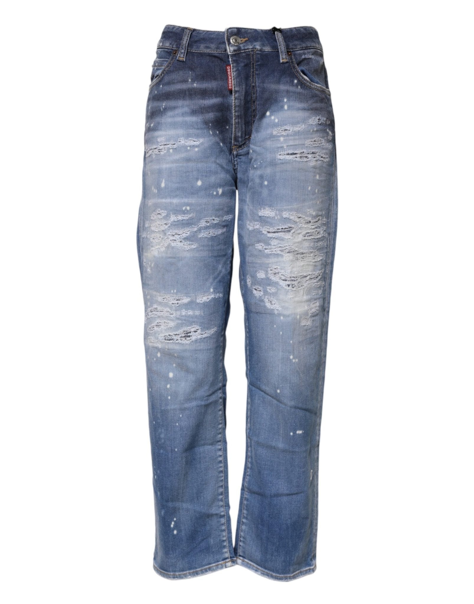 Dsquared² Blue Tattered Cotton Mid Waist Straight Denim Jeans - GET THE BRAND